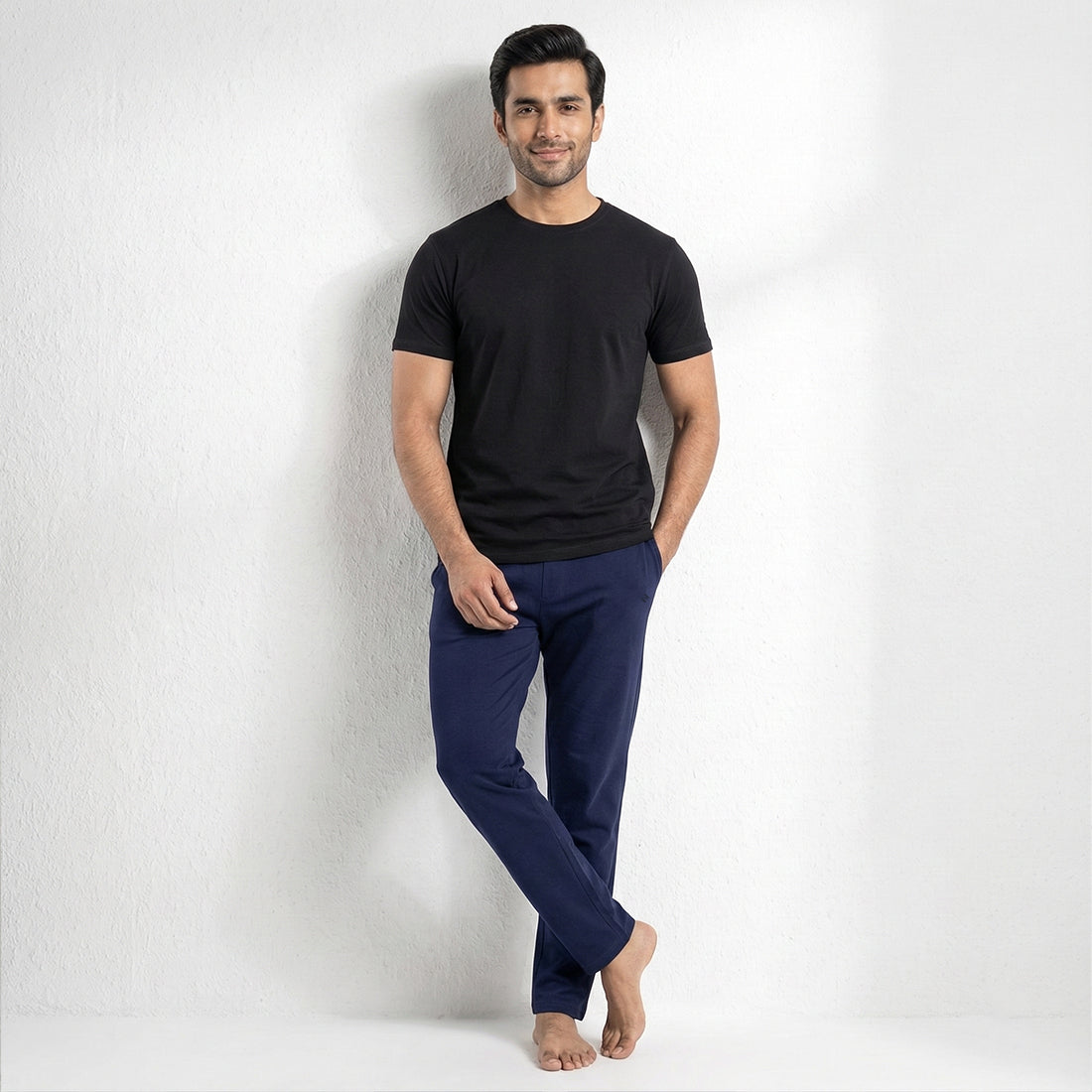 PACK OF BLACK UNDERTEE & NAVY JERSEY TROUSER