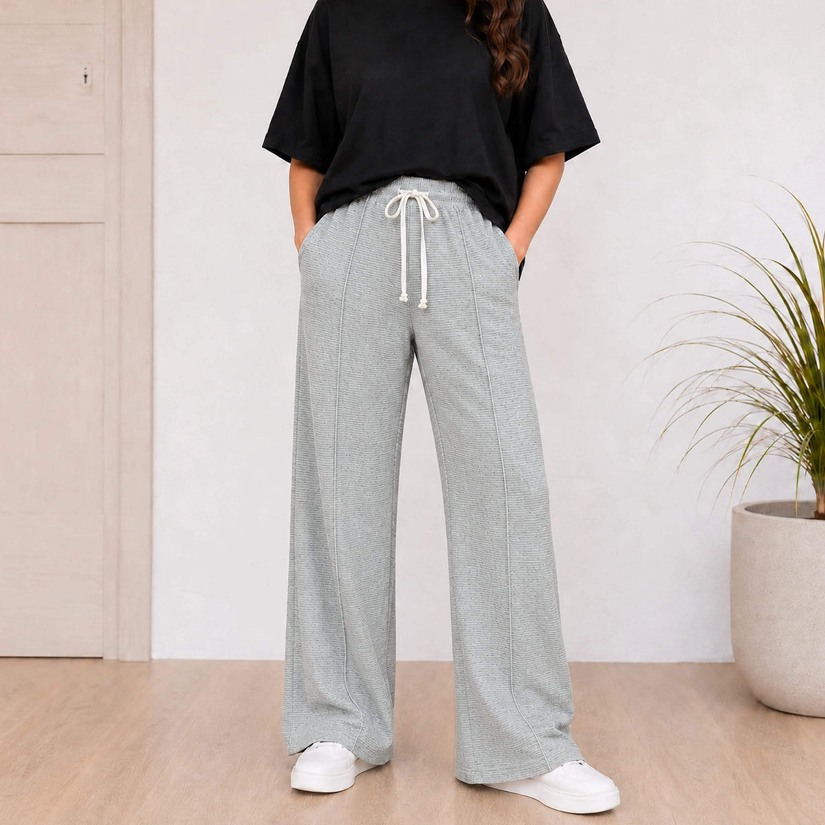 WOMEN WIDE-LEG PANTS SOFT HEATHER GREY