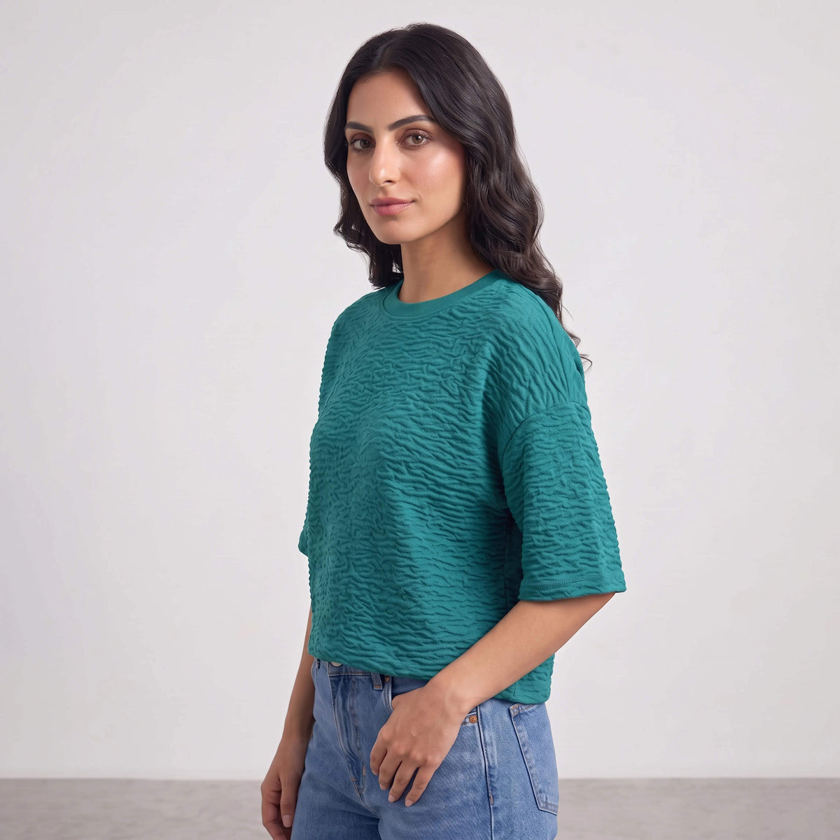 WOMEN ATLAS JACQUARD TOP DEEP TEAL