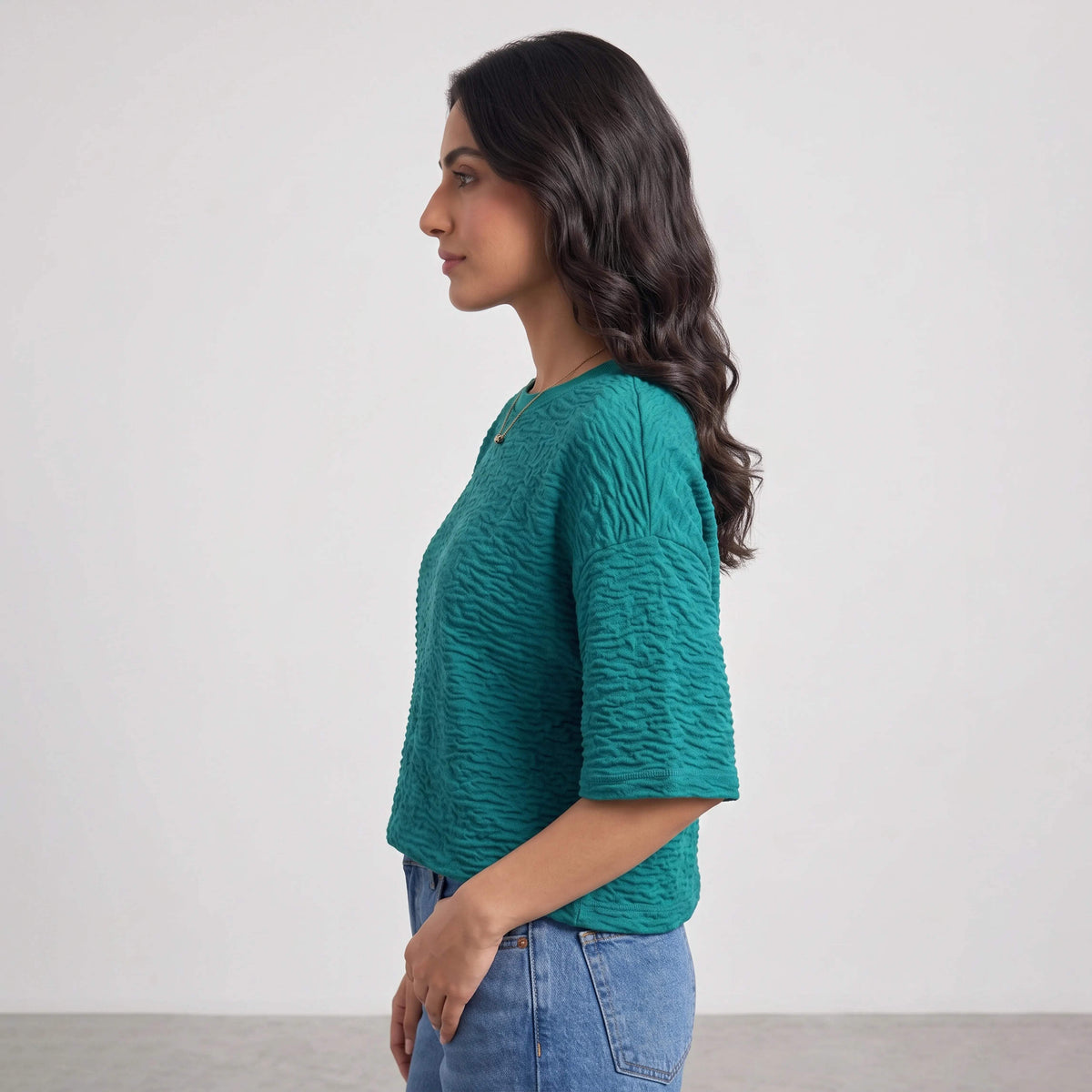 WOMEN ATLAS JACQUARD TOP DEEP TEAL