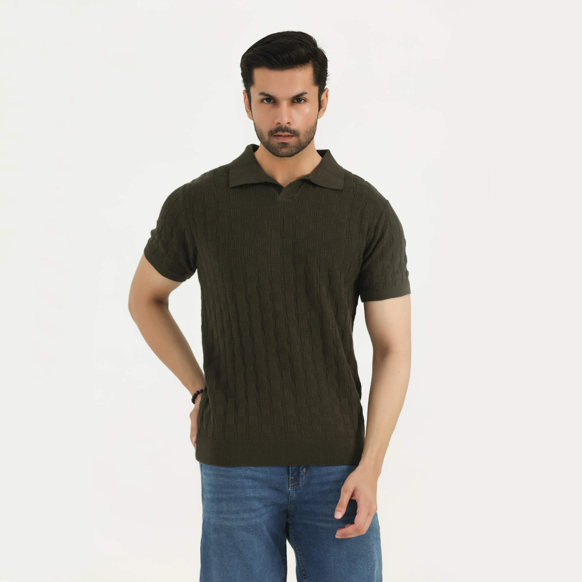 CABLE KNIT POLO SHIRT OLIVE GREEN NAVZA