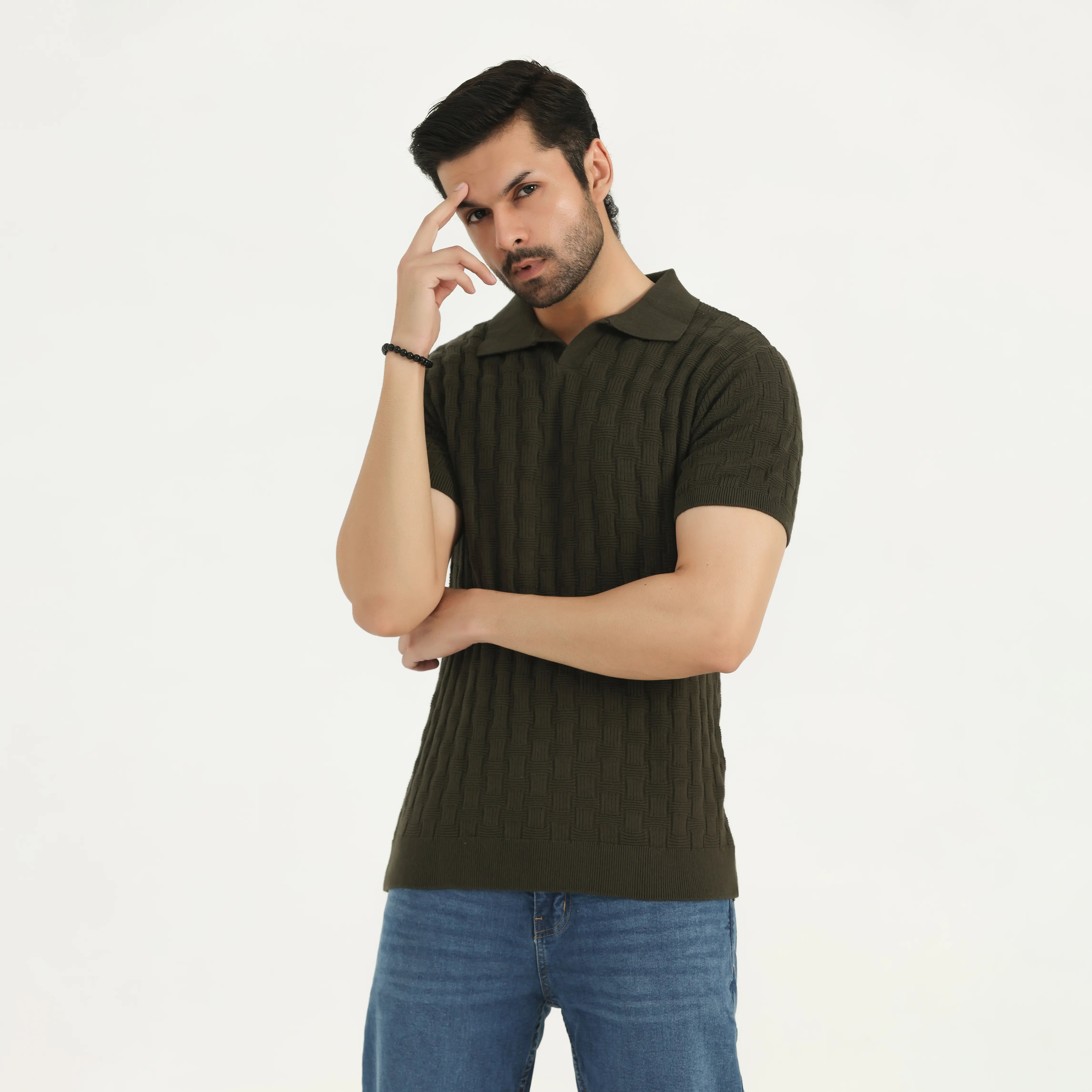 CABLE KNIT POLO SHIRT - OLIVE GREEN
