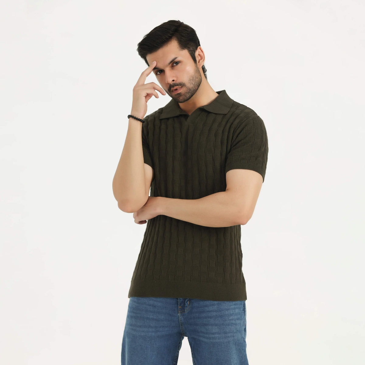 CABLE KNIT POLO SHIRT OLIVE GREEN NAVZA