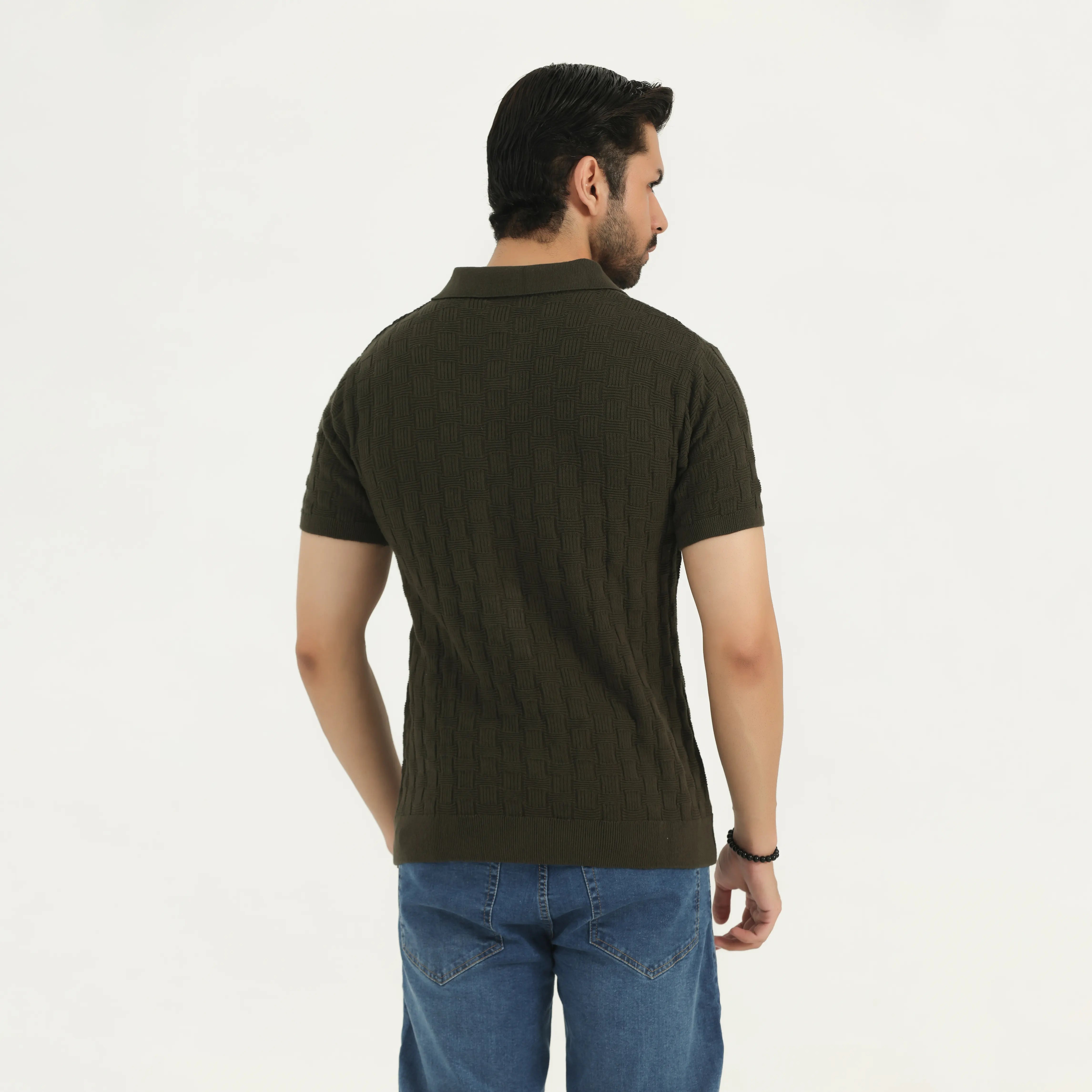 CABLE KNIT POLO SHIRT - OLIVE GREEN