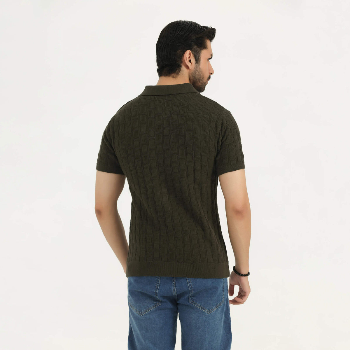 CABLE KNIT POLO SHIRT OLIVE GREEN NAVZA