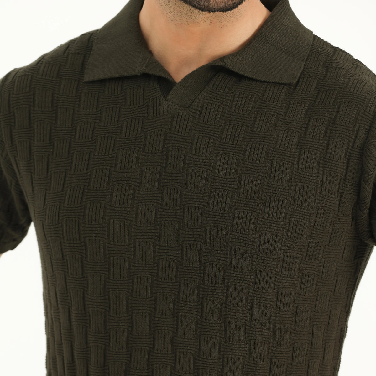 CABLE KNIT POLO SHIRT - OLIVE GREEN