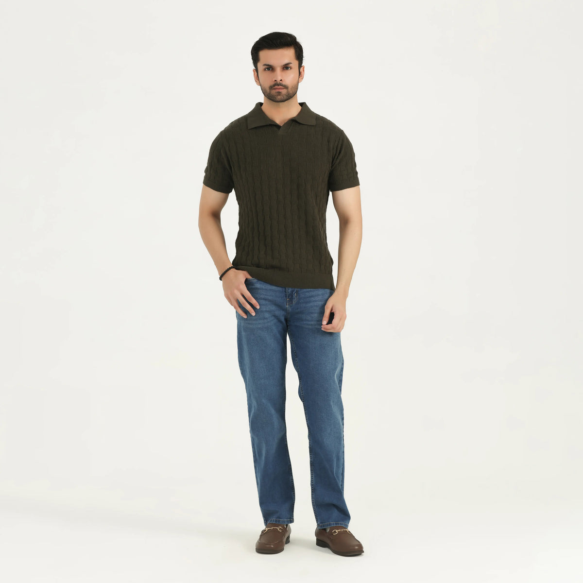 CABLE KNIT POLO SHIRT - OLIVE GREEN
