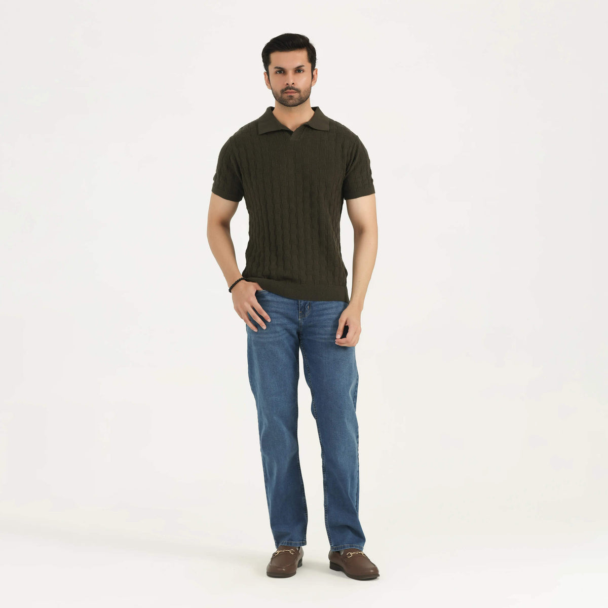 CABLE KNIT POLO SHIRT OLIVE GREEN NAVZA