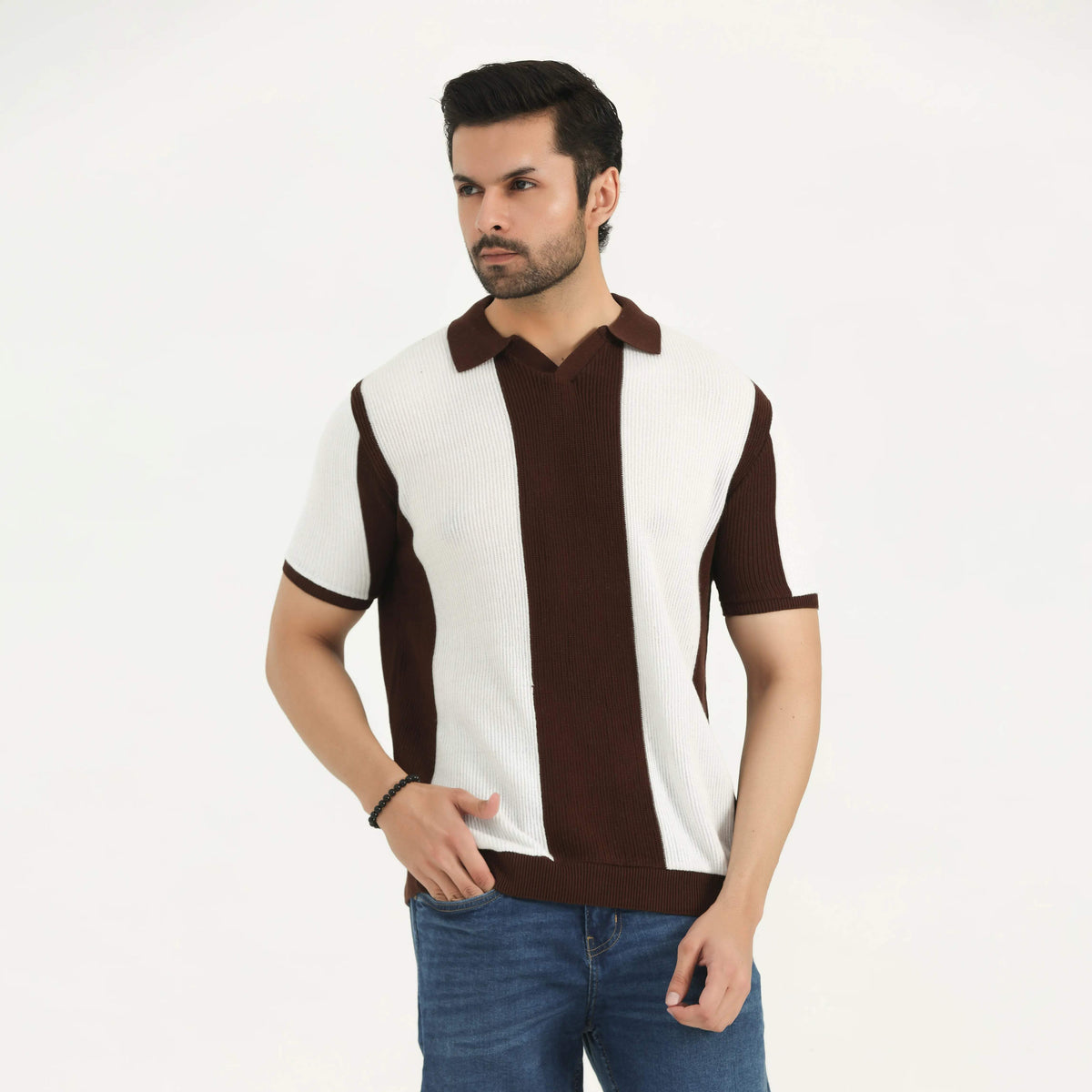 COLOR BLOCK KNIT POLO SHIRT OFF-WHITE NAVZA