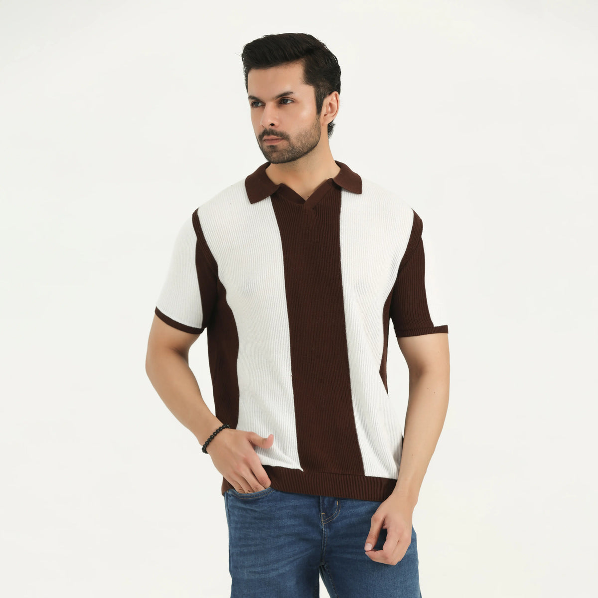 COLOR-BLOCK KNITTED POLO SHIRT - OFF-WHITE & BROWN