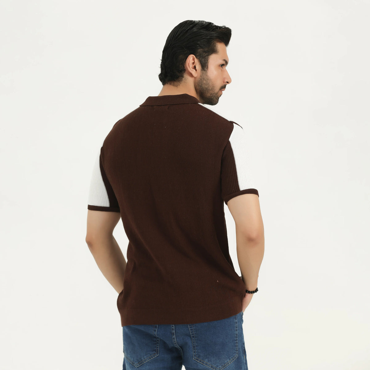 COLOR-BLOCK KNITTED POLO SHIRT - OFF-WHITE & BROWN
