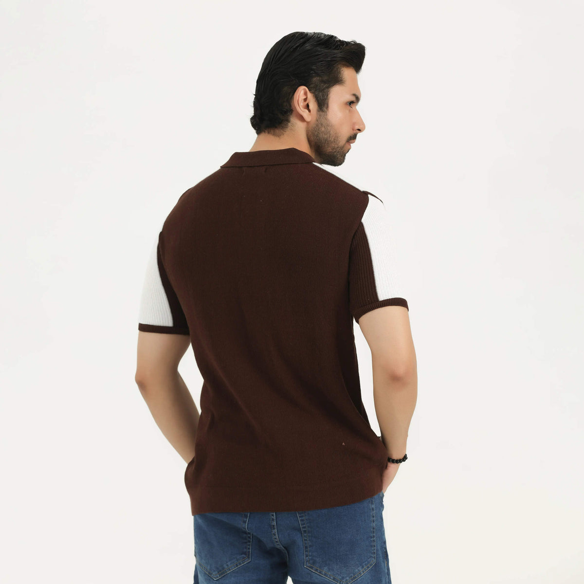COLOR BLOCK KNIT POLO SHIRT OFF-WHITE NAVZA