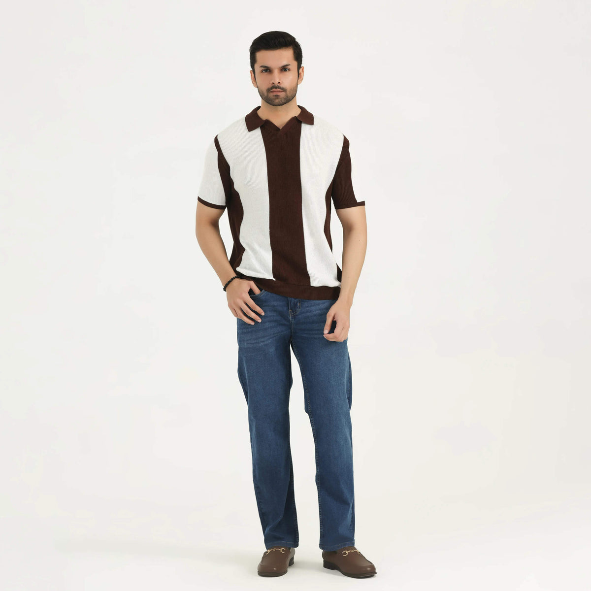 COLOR BLOCK KNIT POLO SHIRT OFF-WHITE NAVZA