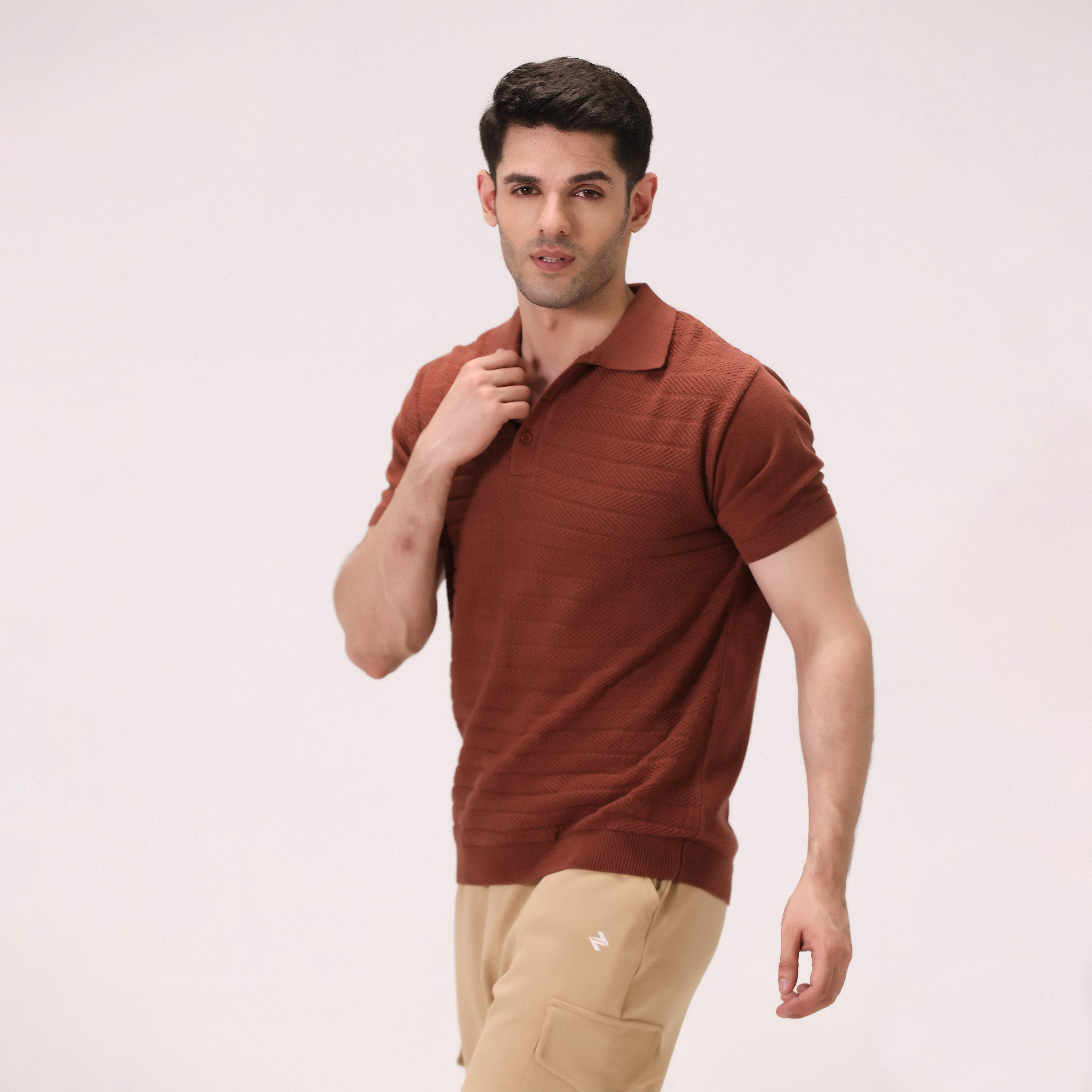 CROCHET KNIT POLO – RUST BROWN