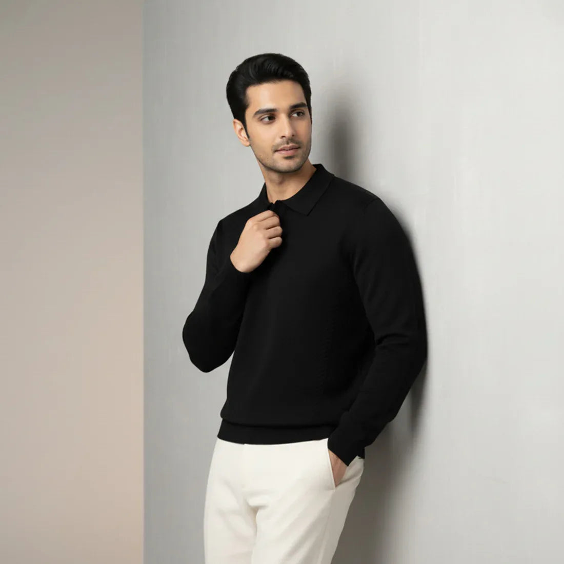 CLASSIC COLLAR KNIT POLO SWEATER – BLACK - NAVZA