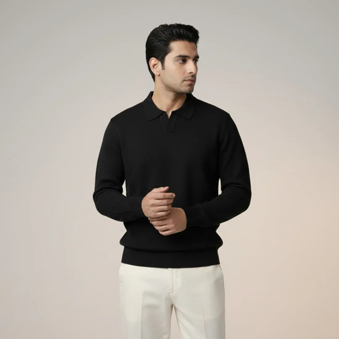 CLASSIC COLLAR KNIT POLO SWEATER – BLACK - NAVZA
