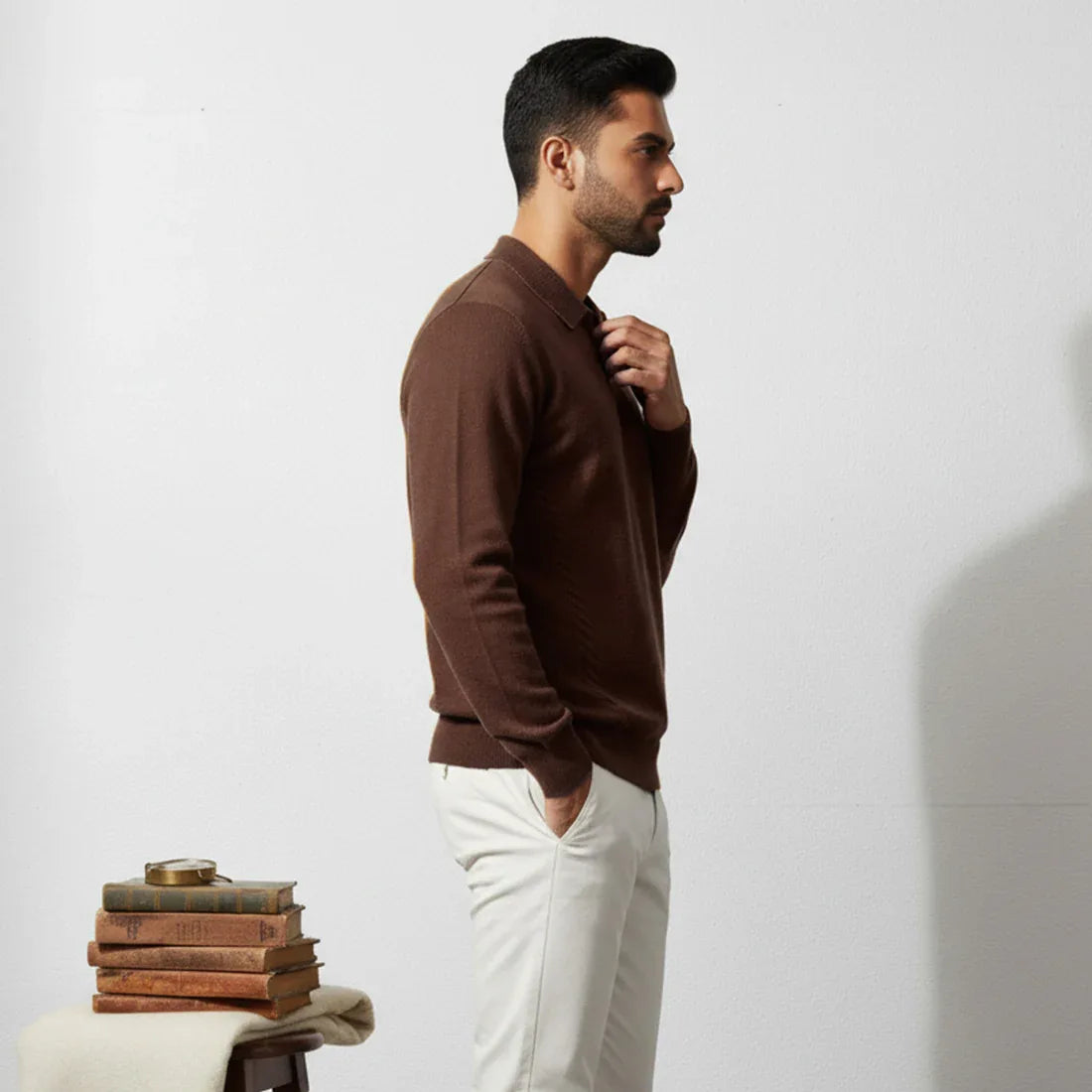 CLASSIC COLLAR KNIT POLO SWEATER – CHOCOLATE BROWN - NAVZA
