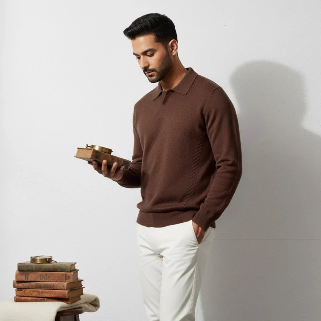 CLASSIC COLLAR KNIT POLO SWEATER – CHOCOLATE BROWN - NAVZA