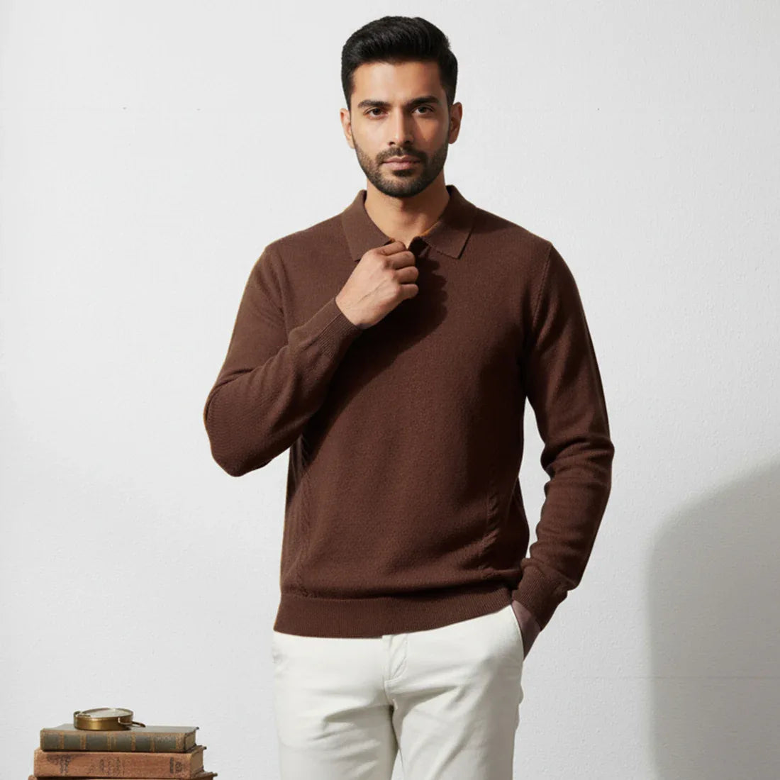 CLASSIC COLLAR KNIT POLO SWEATER – CHOCOLATE BROWN - NAVZA