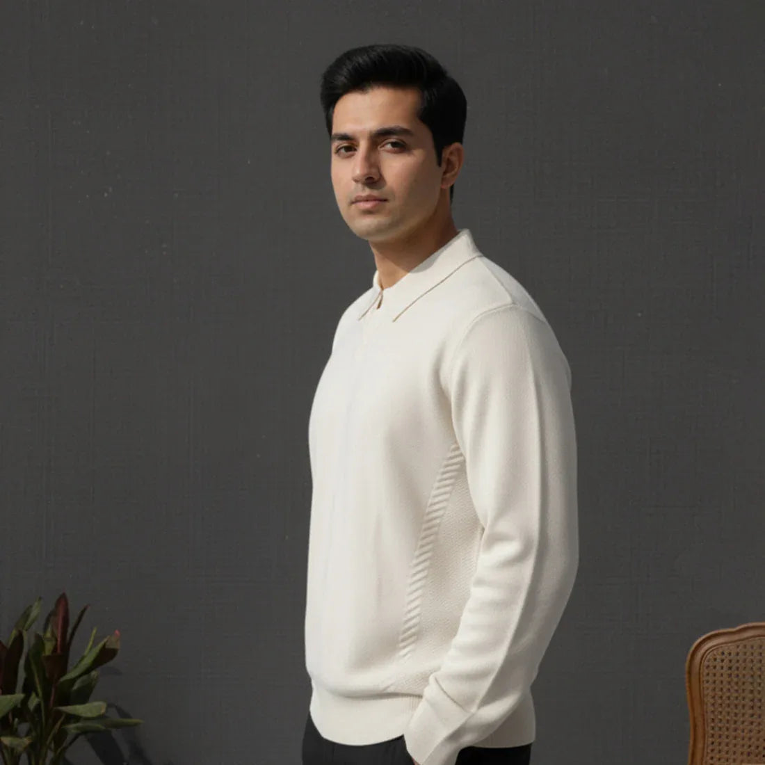 CLASSIC COLLAR KNIT POLO SWEATER – CREAM - NAVZA