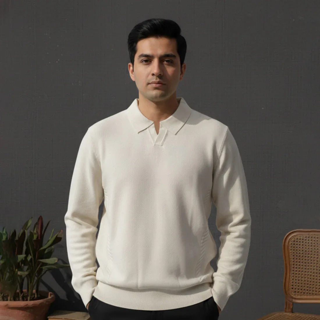 CLASSIC COLLAR KNIT POLO SWEATER – CREAM - NAVZA