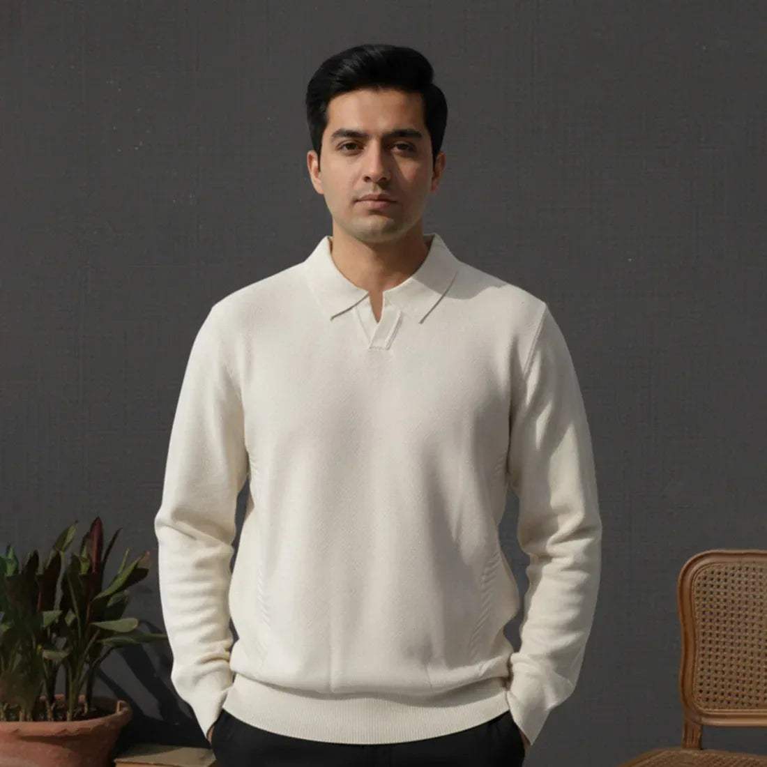 CLASSIC COLLAR KNIT POLO SWEATER – CREAM - NAVZA