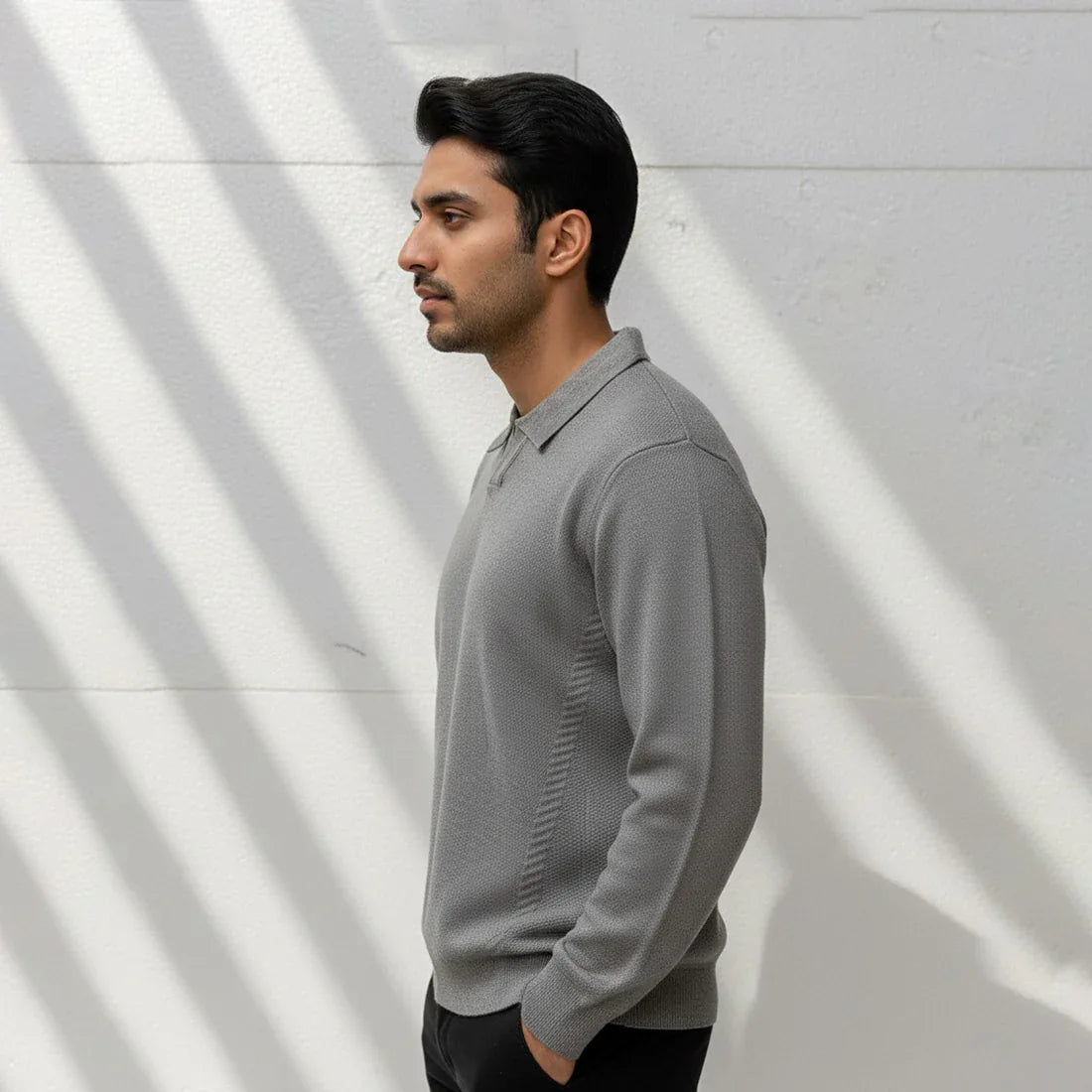 CLASSIC COLLAR KNIT POLO SWEATER – LIGHT GREY - NAVZA