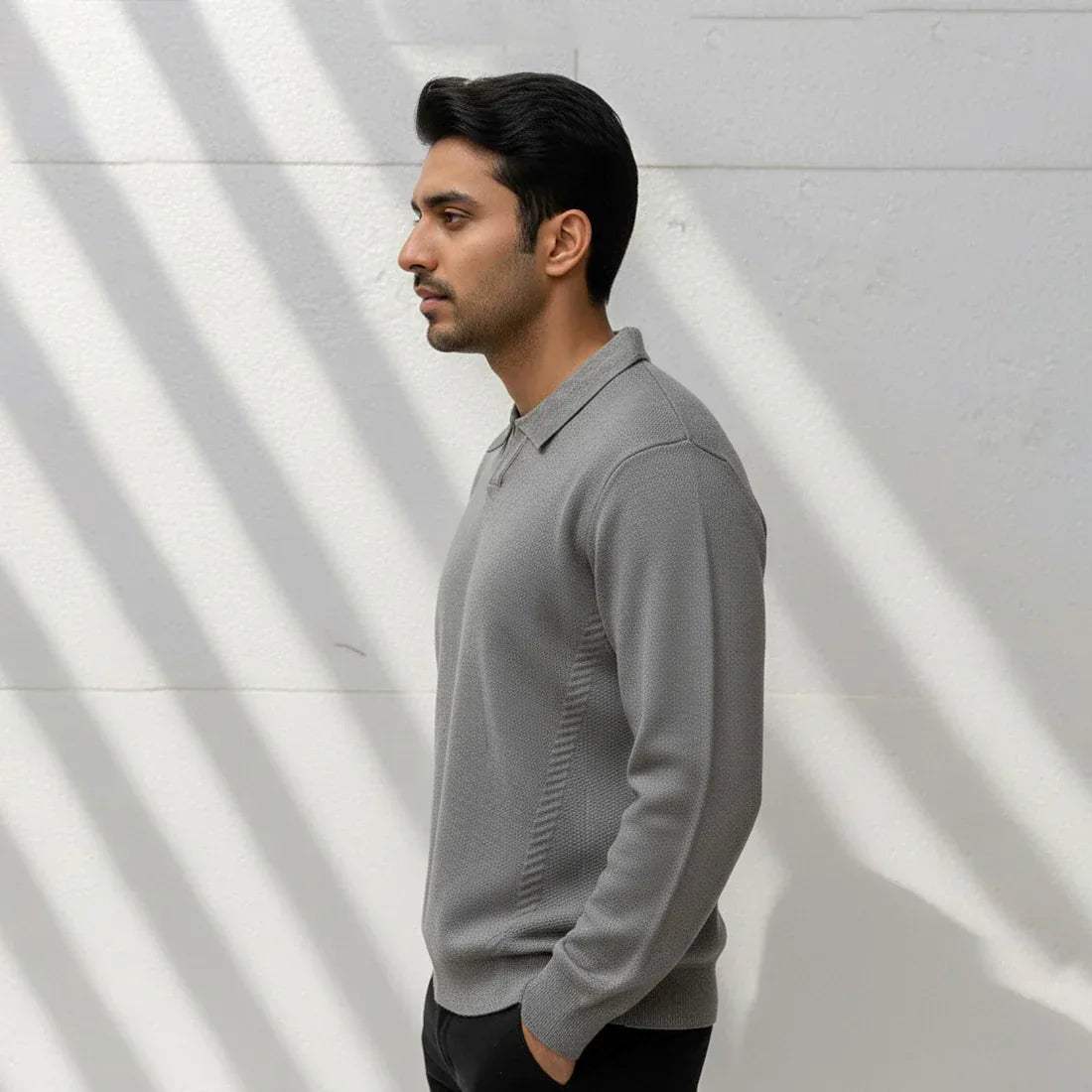 CLASSIC COLLAR KNIT POLO SWEATER – LIGHT GREY - NAVZA