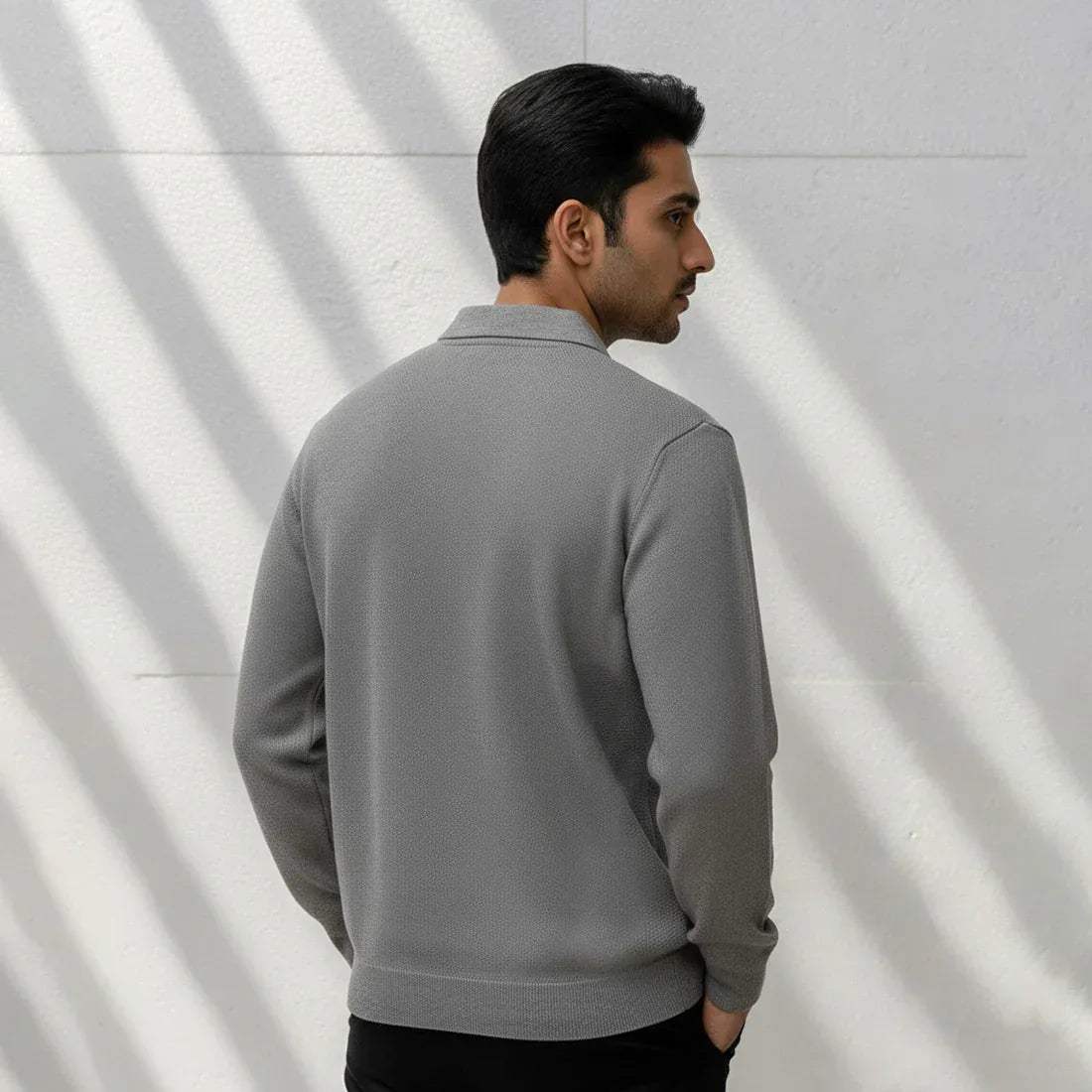 CLASSIC COLLAR KNIT POLO SWEATER – LIGHT GREY - NAVZA