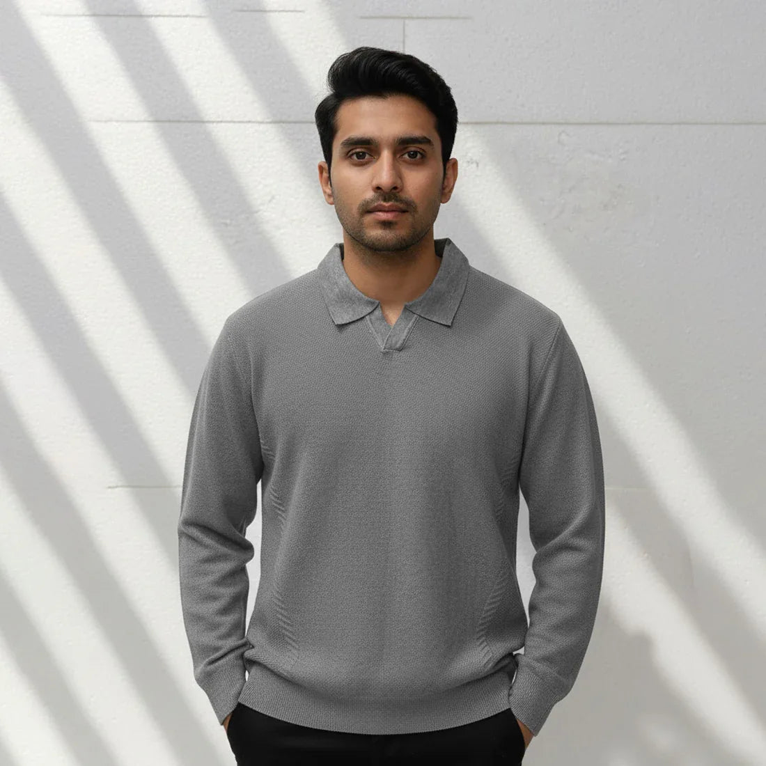 CLASSIC COLLAR KNIT POLO SWEATER – LIGHT GREY - NAVZA