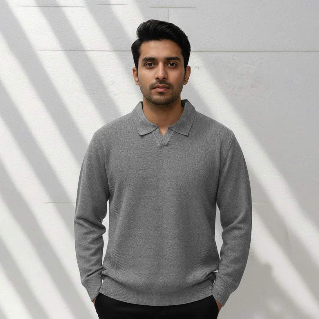 CLASSIC COLLAR KNIT POLO SWEATER – LIGHT GREY - NAVZA