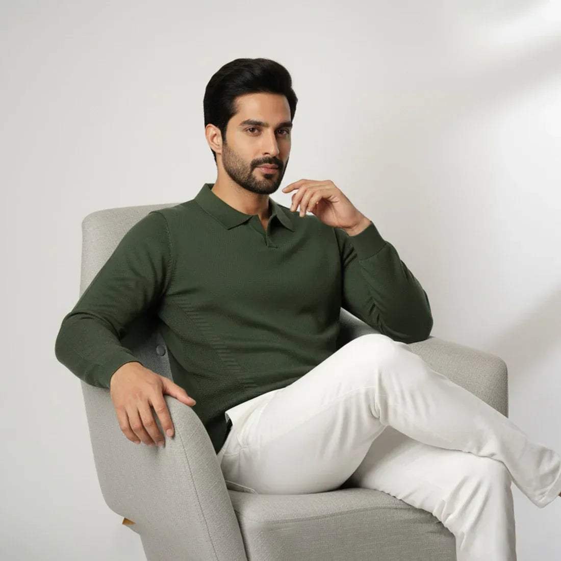 CLASSIC COLLAR KNIT POLO SWEATER – OLIVE GREEN - NAVZA