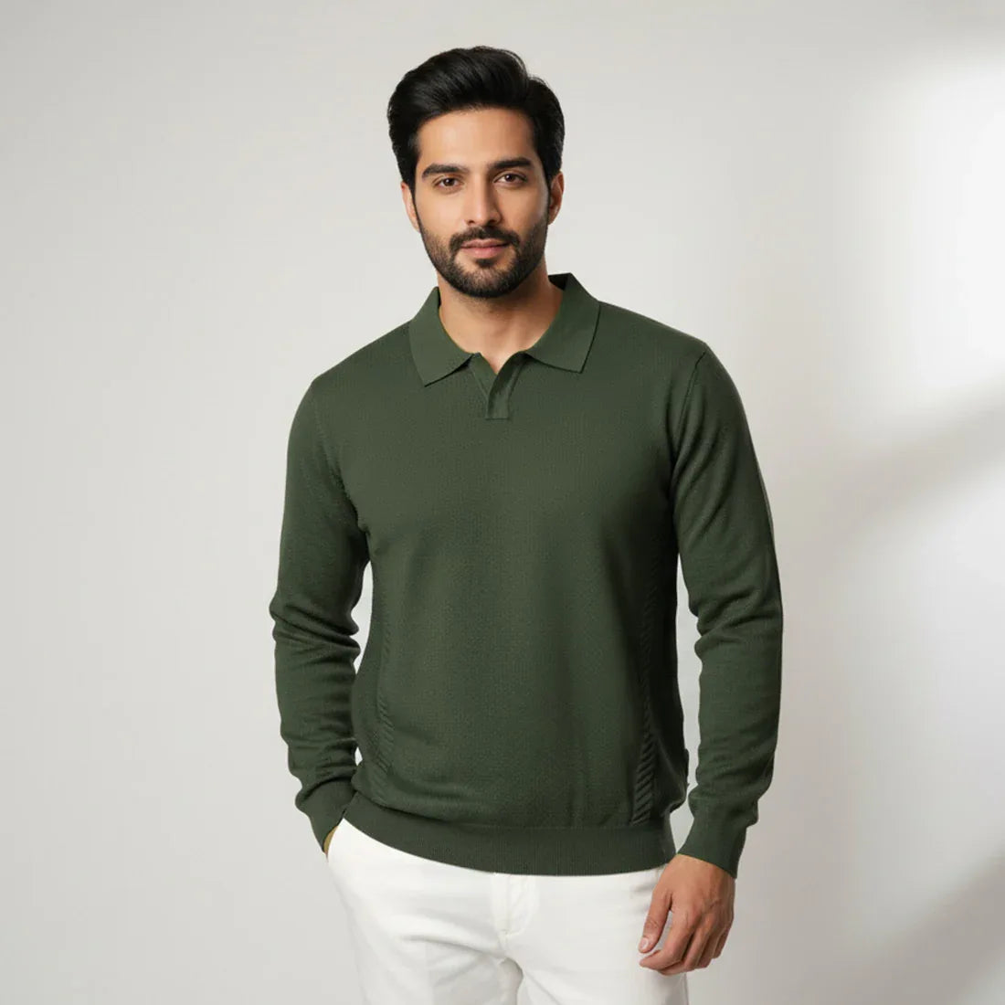 CLASSIC COLLAR KNIT POLO SWEATER – OLIVE GREEN - NAVZA