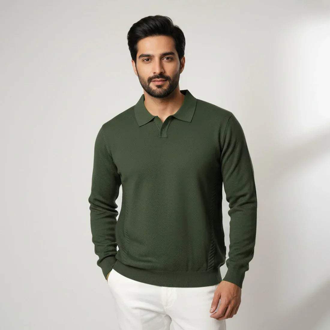 CLASSIC COLLAR KNIT POLO SWEATER – OLIVE GREEN - NAVZA