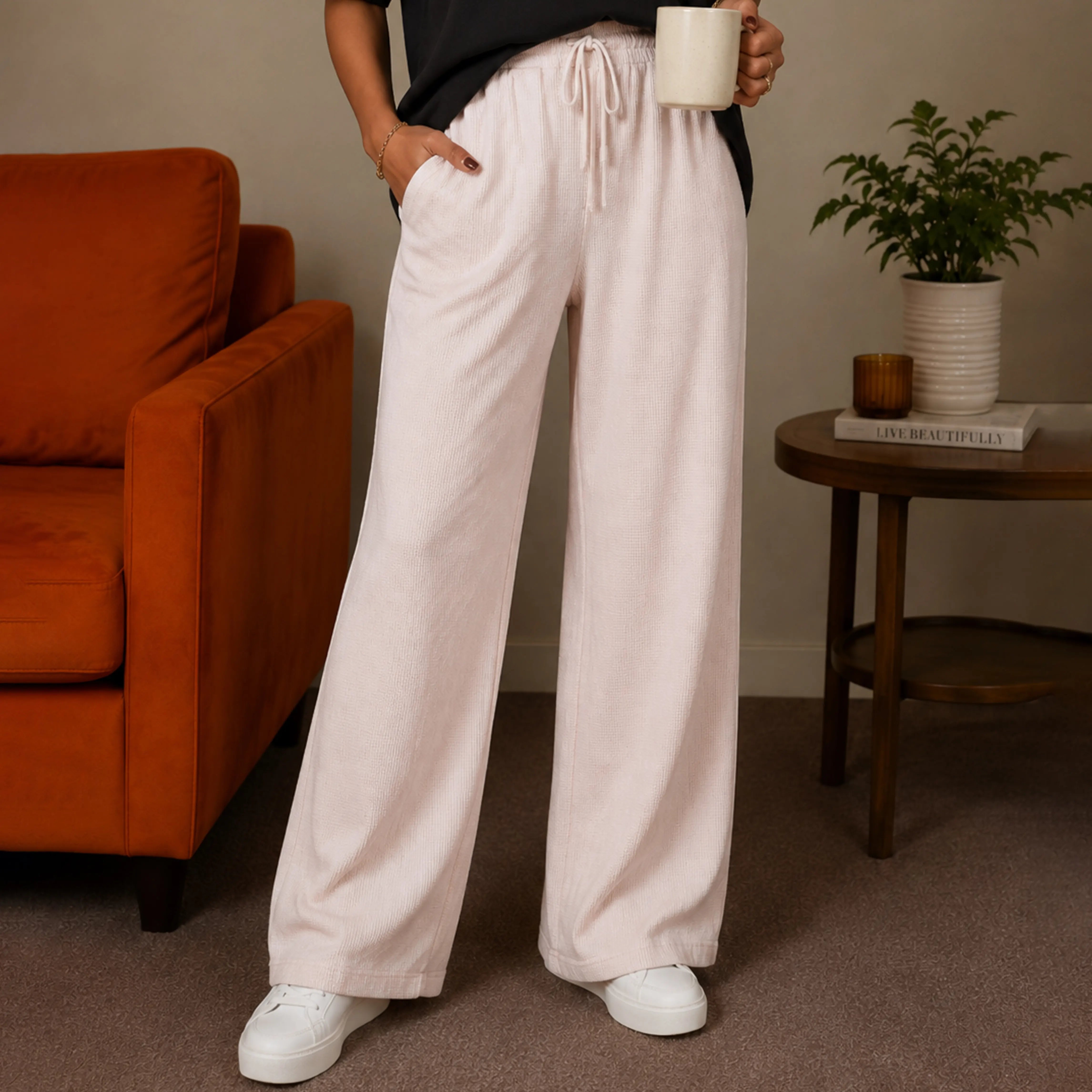 EVEREST THERMAL KNIT WIDE - LEG PANTS - SOFT IVORY