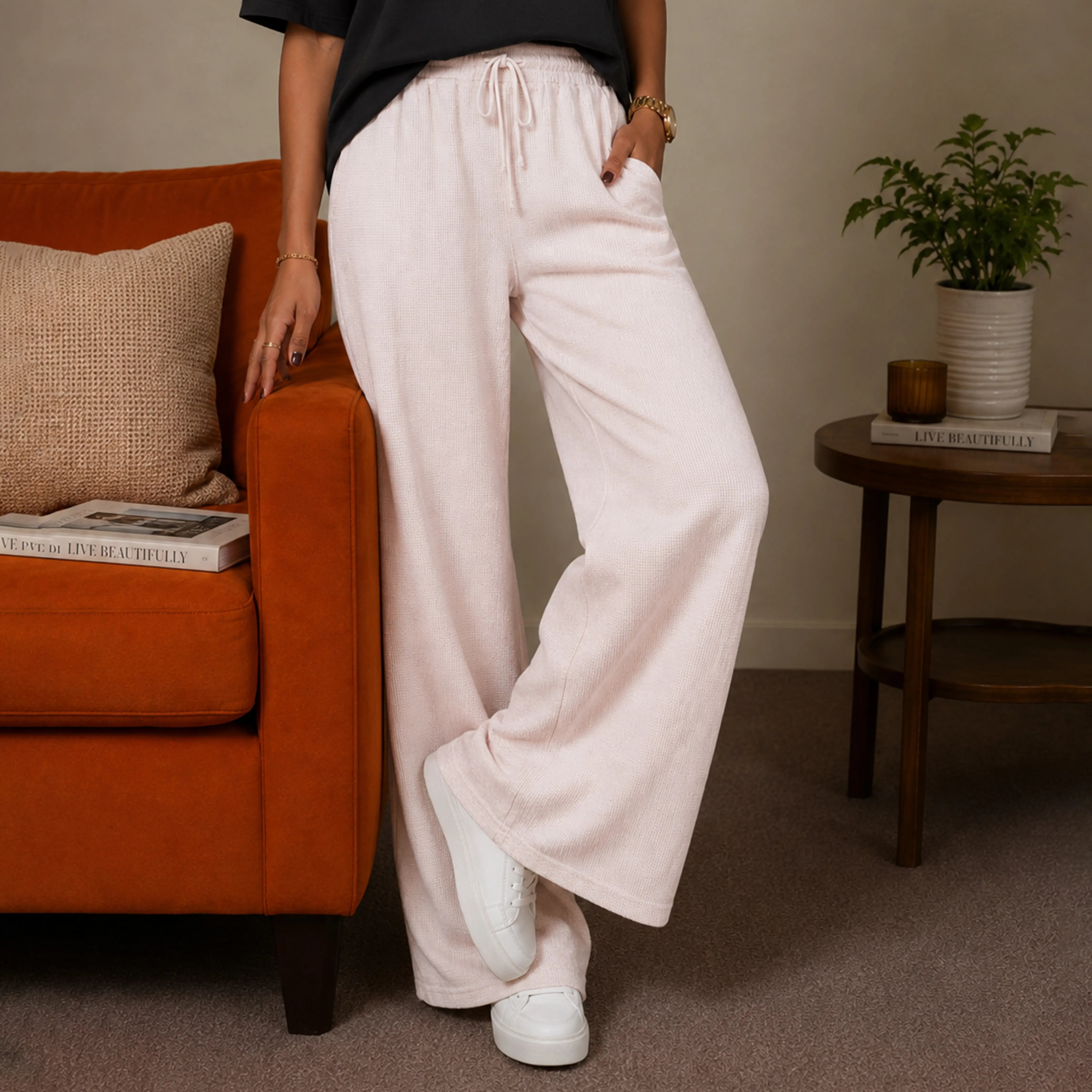 EVEREST THERMAL KNIT WIDE - LEG PANTS - SOFT IVORY