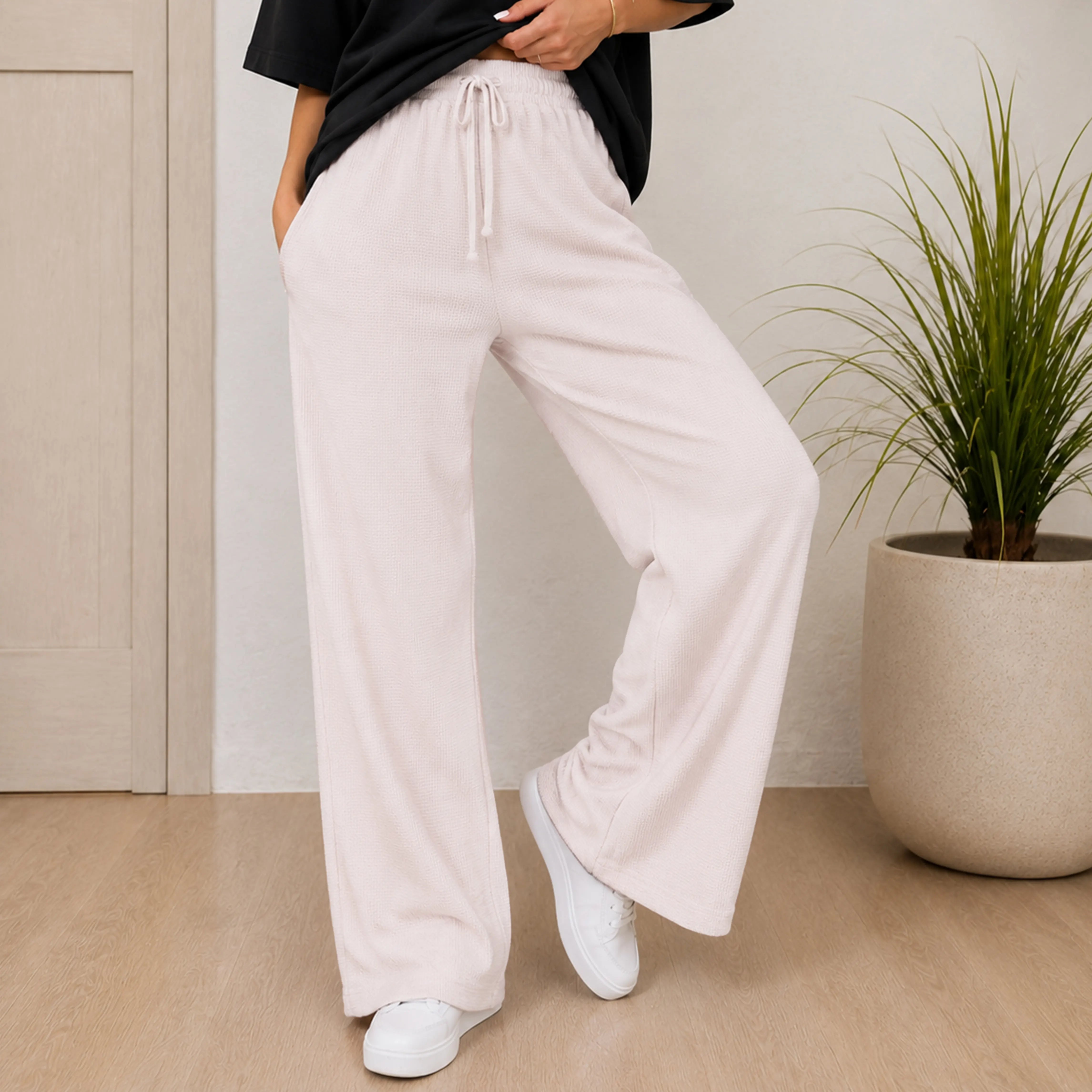 WOMEN KNIT WIDE LEG PANTS SOFT IVORY