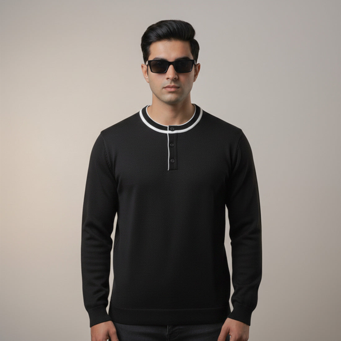 Henley Knit Sweater Black | NAVZA
