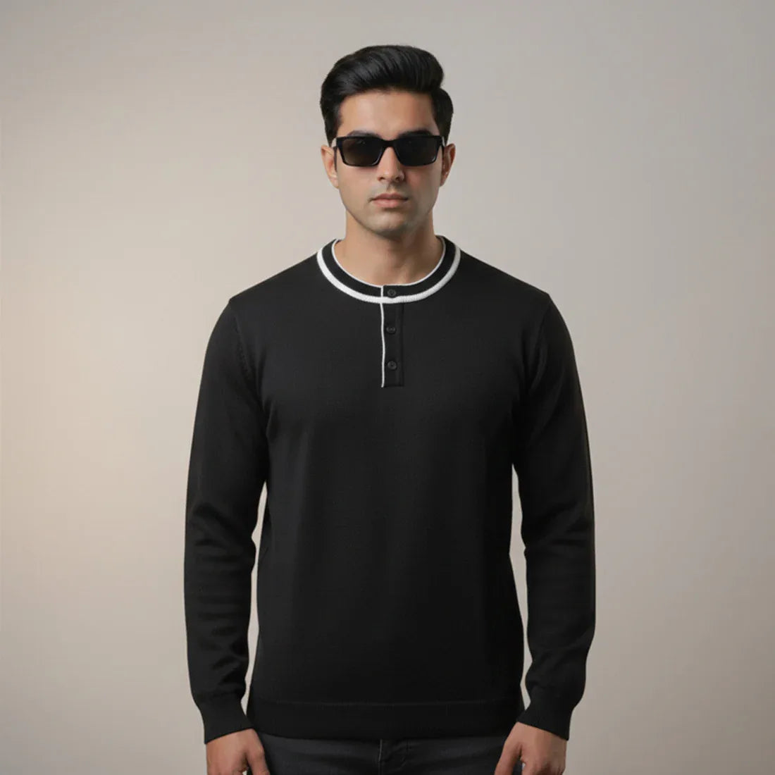 HENLEY KNIT SWEATER – BLACK - NAVZA