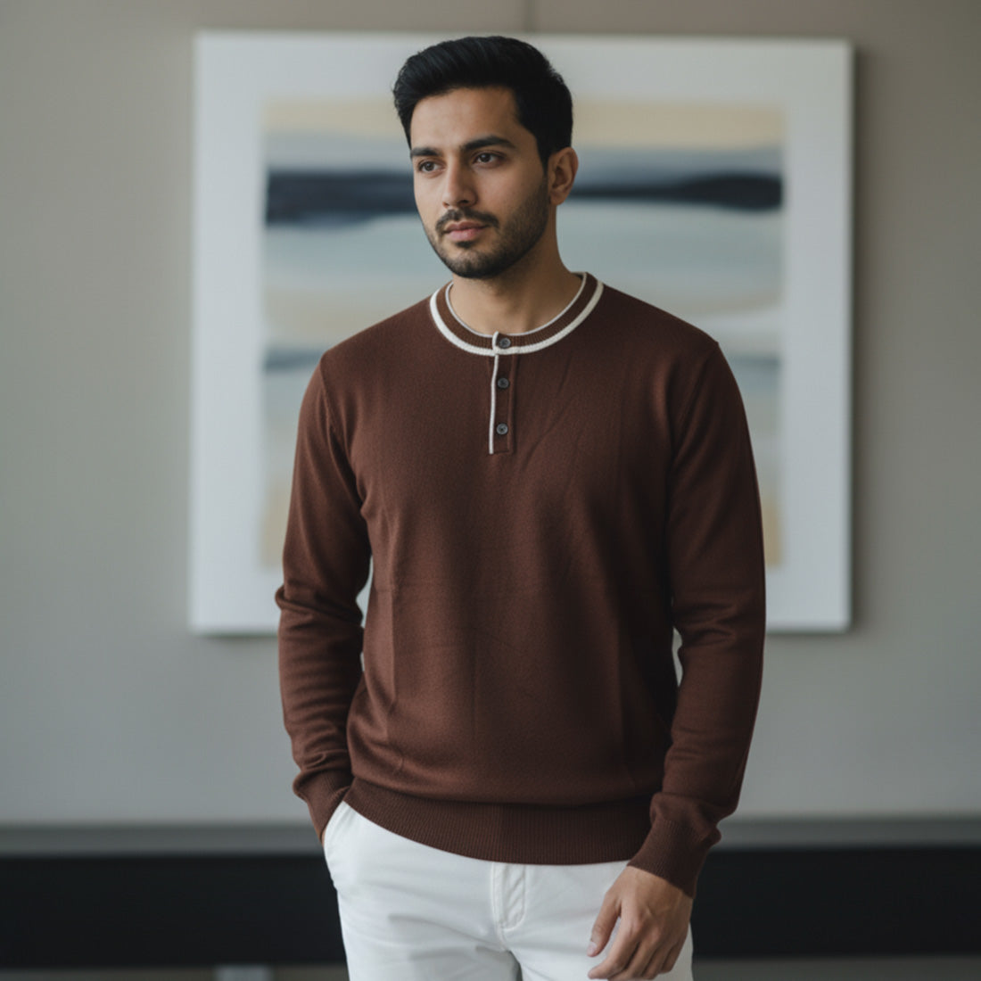 Henley Knit Sweater Chocolate Brown | NAVZA