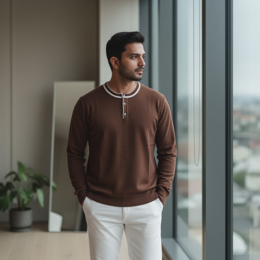 Henley Knit Sweater Chocolate Brown | NAVZA