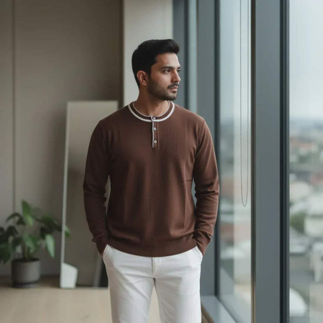 HENLEY KNIT SWEATER – CHOCOLATE BROWN - NAVZA