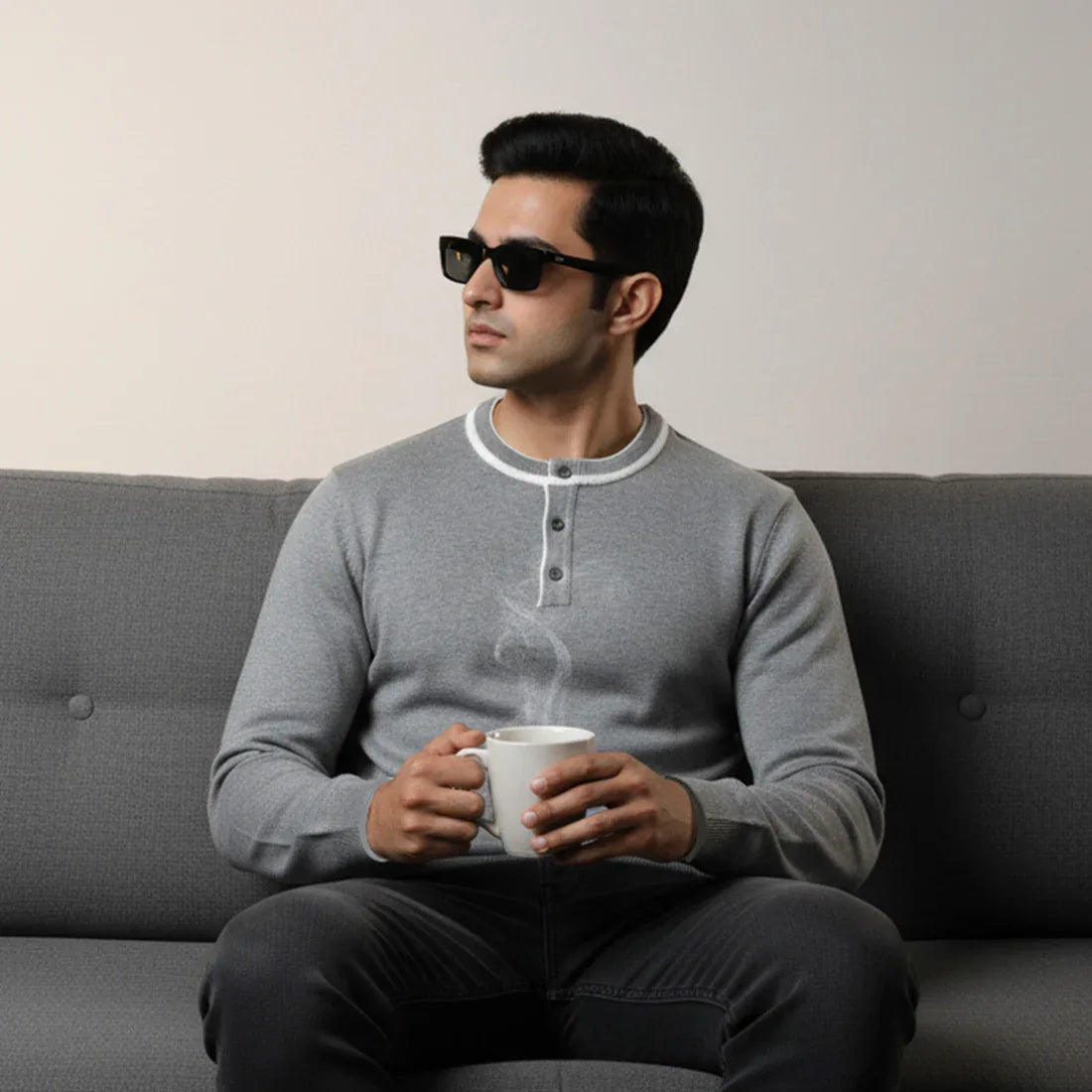 HENLEY KNIT SWEATER – LIGHT GREY - NAVZA