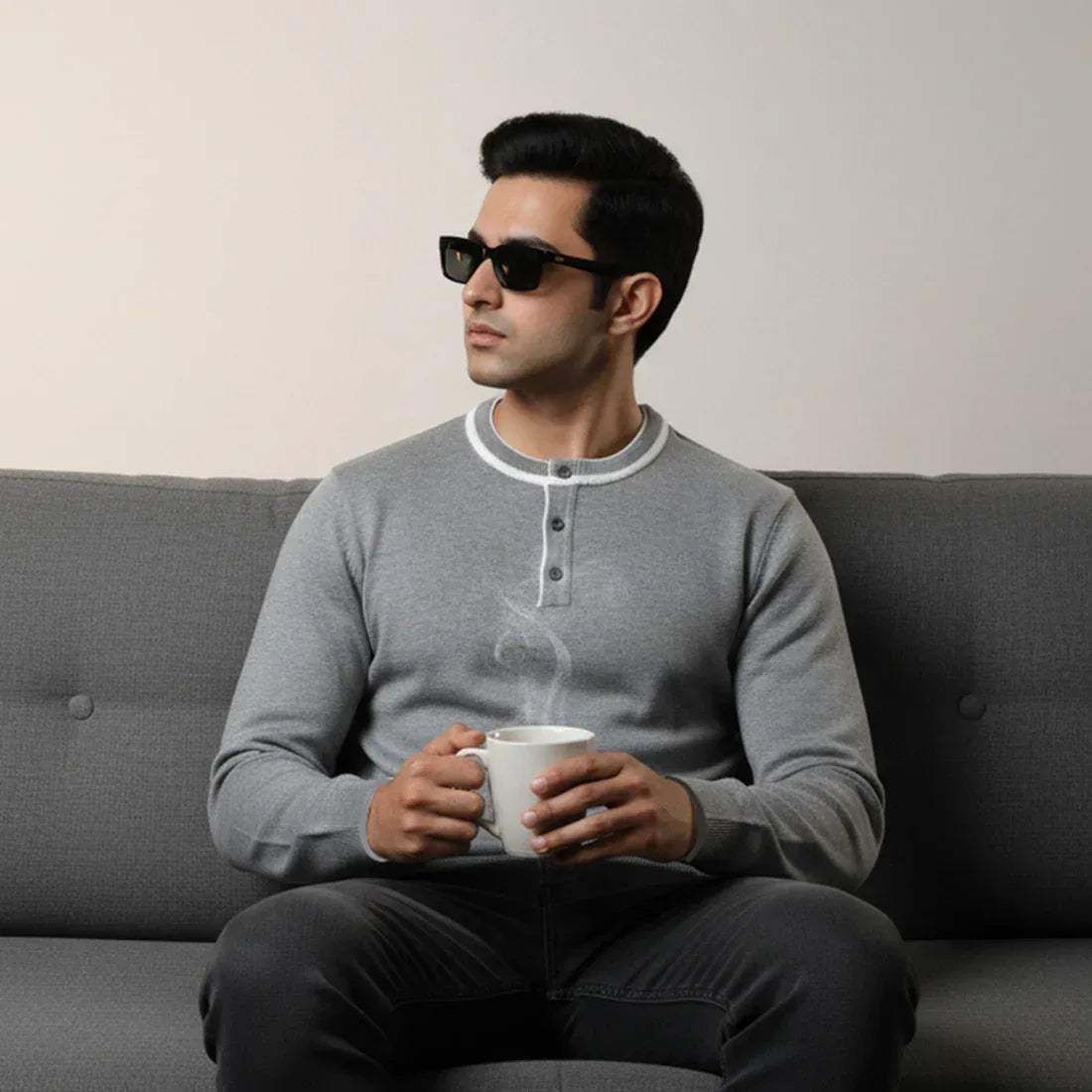 HENLEY KNIT SWEATER – LIGHT GREY - NAVZA