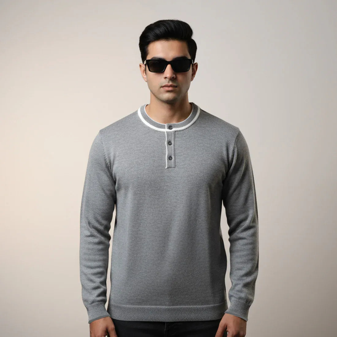 HENLEY KNIT SWEATER – LIGHT GREY - NAVZA