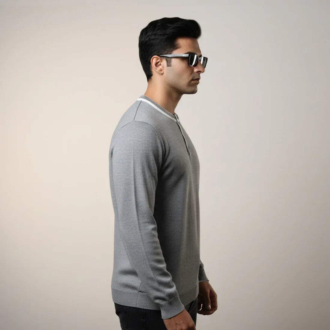 HENLEY KNIT SWEATER – LIGHT GREY - NAVZA