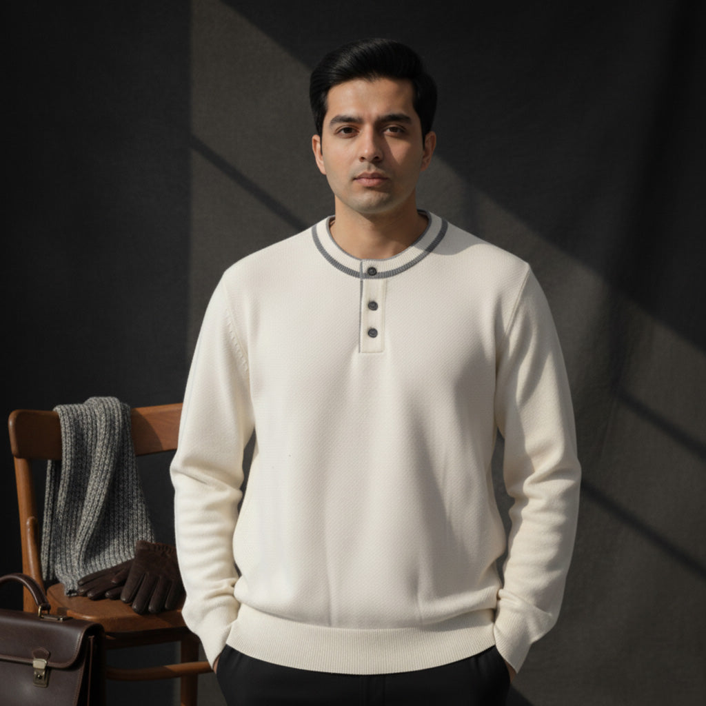 Henley Knit Sweater Off White | NAVZA