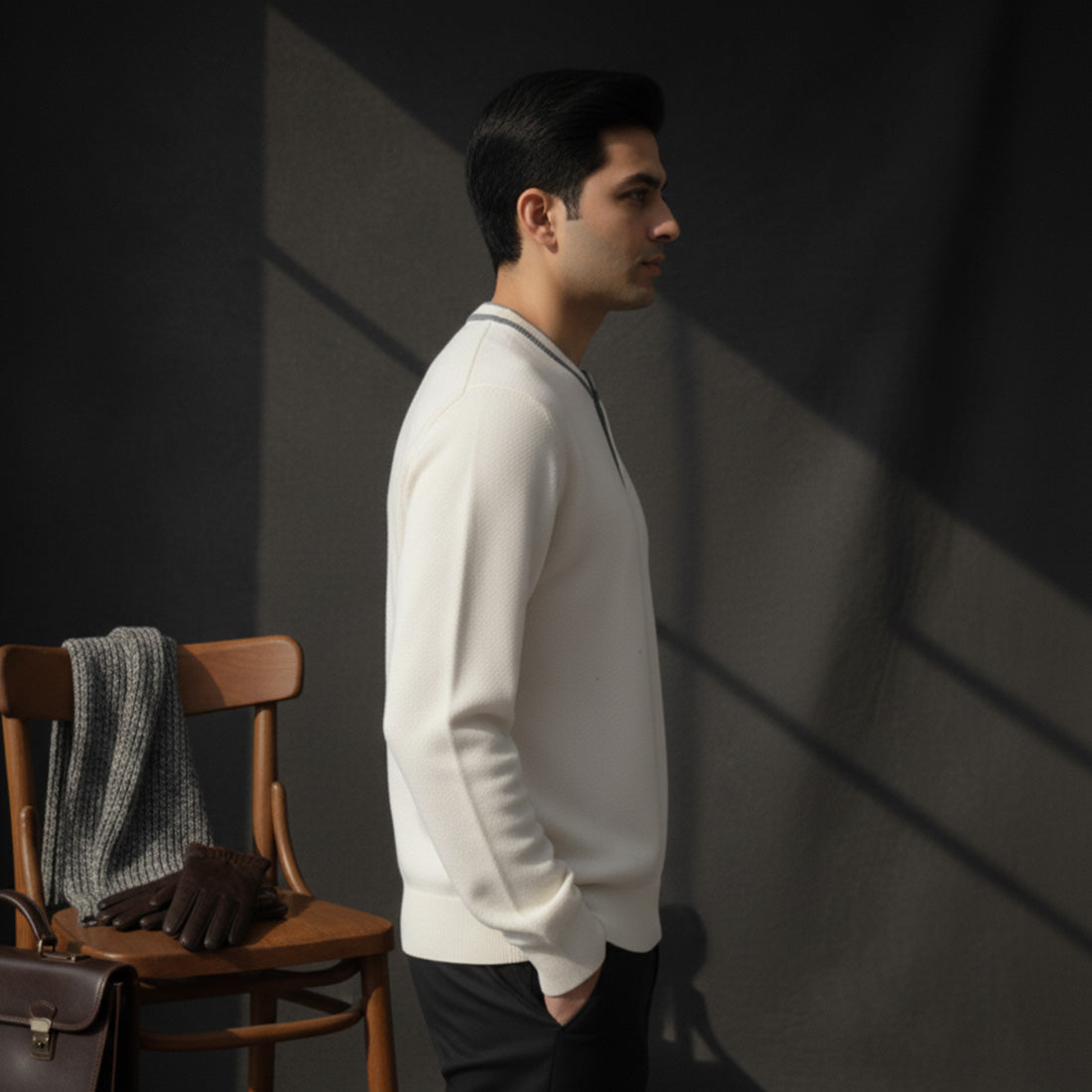 Henley Knit Sweater Off White | NAVZA