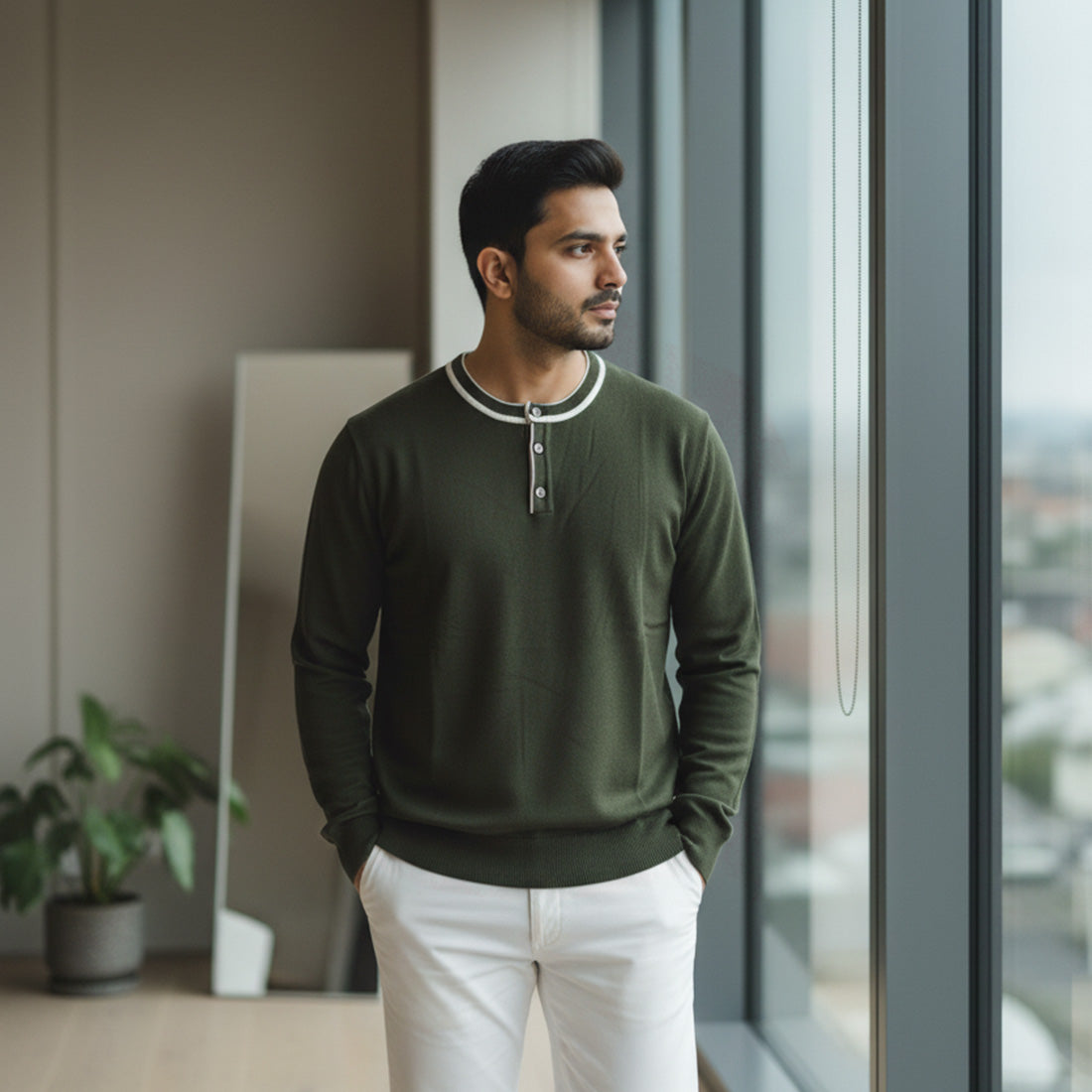 Henley Knit Sweater Olive Green | NAVZA