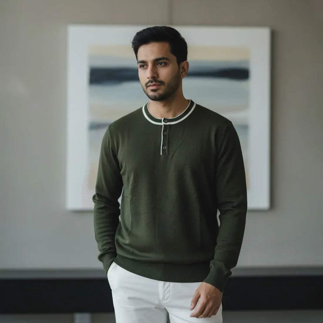 HENLEY KNIT SWEATER – OLIVE GREEN - NAVZA